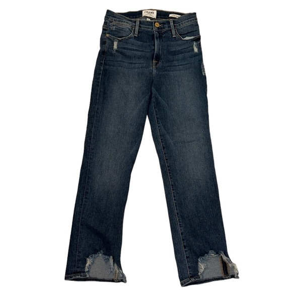 Frame Le High Straight Raw Shark Bite Hem Distressed Fading Whiskering Stretchy - Picture 3 of 8